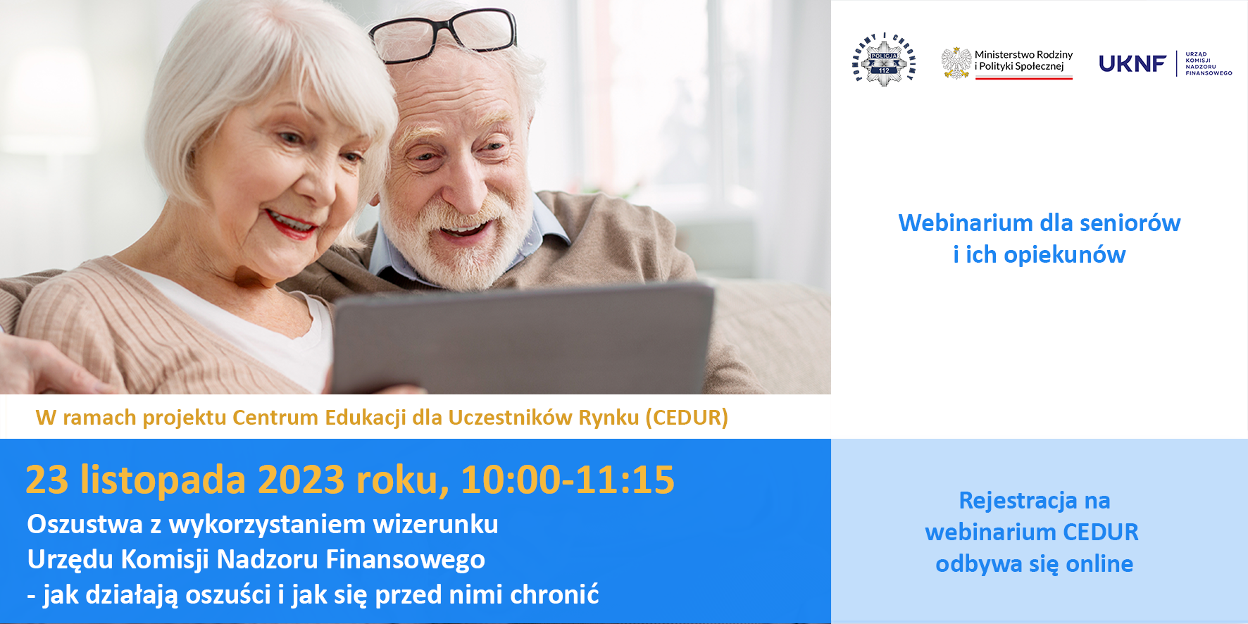 Plakat - webinarium CEDUR dla seniorów i ich opiekunów - 23 listopada 2023 roku