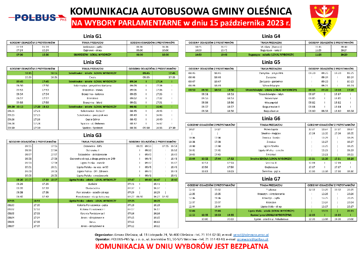 Rozkład jazy Komunikacji Autobusowej Gminy Oleśnica w dzień wyborów