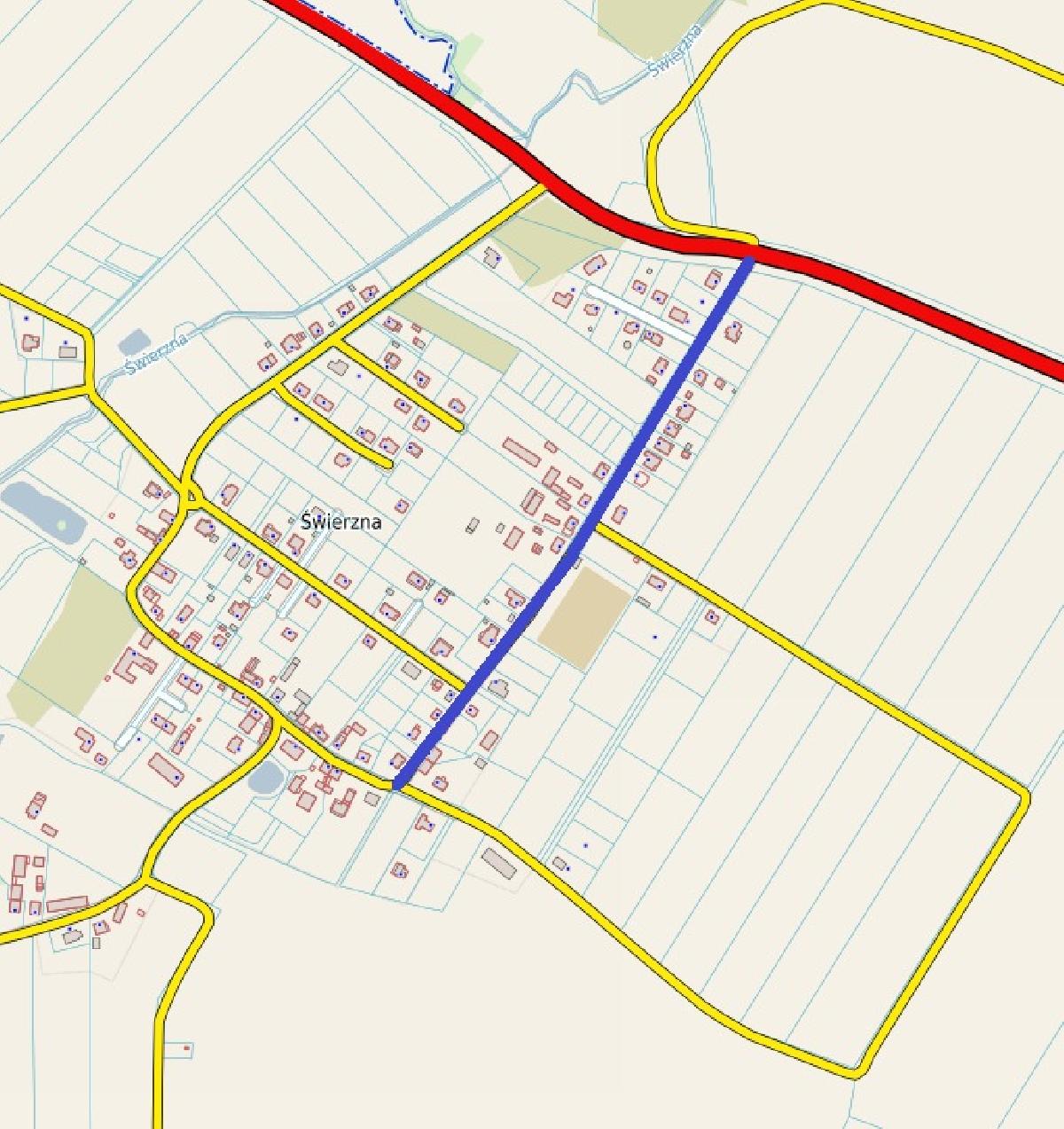 Mapa z zaznaczoną drogą do przebudowy w miejscowości Świerzna
