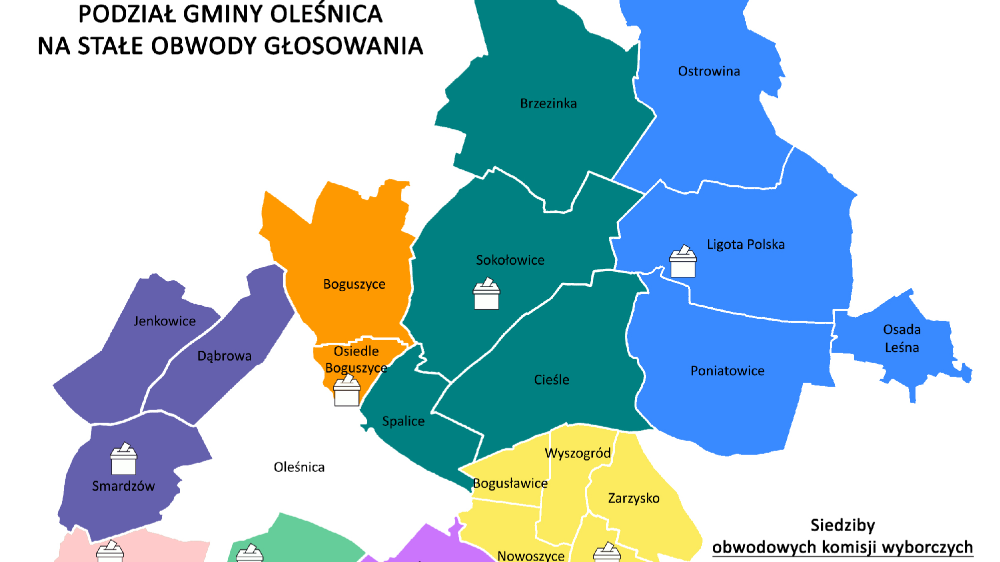 Mapa z nowym podziałem Gminy Oleśnica na obwody głosowania